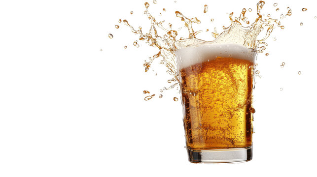 A glass of beer splashing with dramatic motion, droplets flying outward, isolated on a transparent background, adding excitement and freshness.