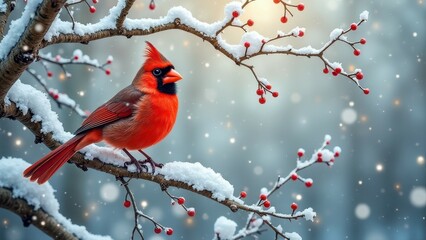 Vibrant red cardinal perched on snow-covered branch with winter berries
