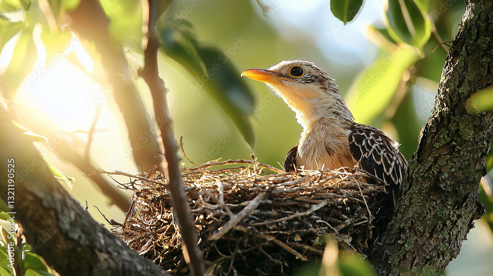 Wall mural close-up of bird nest on tree with little bird on green natural background