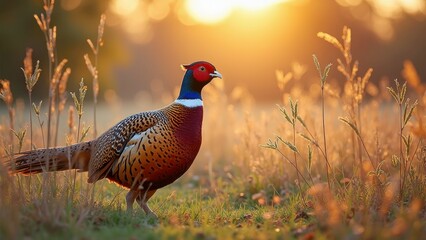 Fototapeta premium Vibrant pheasant in golden sunrise field