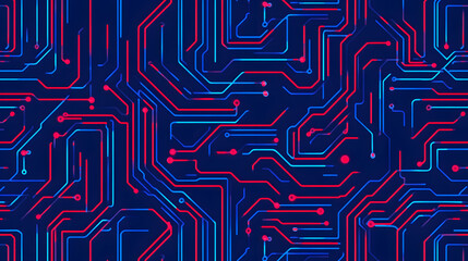 Abstract Circuit Board Design: Red & Blue Lines, Nodes, Technology
