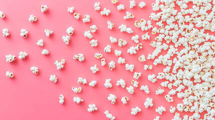 Delicious white popcorn on pink background scattered tasty snack fun food movie sweet light happy