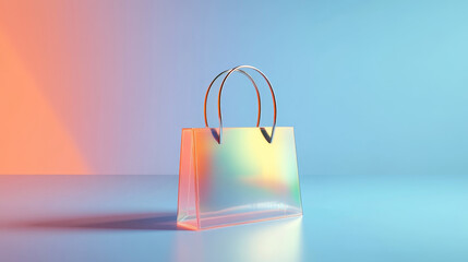 Iridescent Shopping Bag on Gradient Background - Modern iridescent shopping bag on a blue and orange gradient background. Perfect for online shopping, retail, and fashion themes