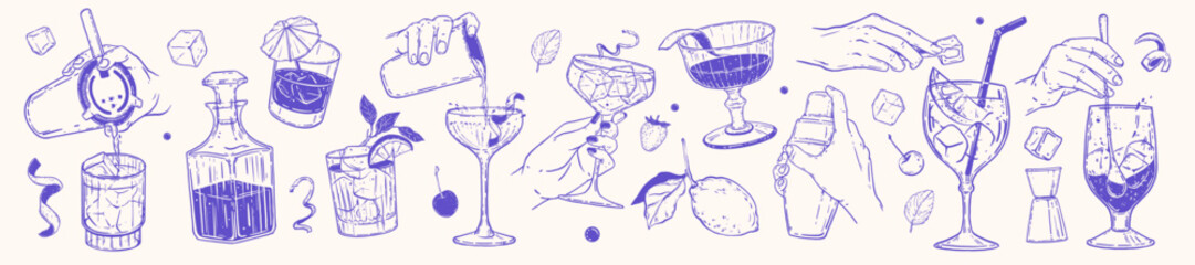 Cocktail doodle icon set, vector hand drawn bartender hand illustration, drink making tools, shaker. Summer holiday party alcohol beverage glasses, ice cube menu design print. Cocktail doodle graphic