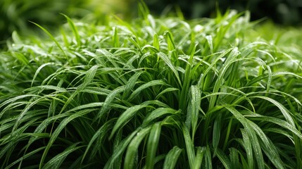 Obraz premium Lush Green Grass with Morning Dew in a Vibrant Natural Setting, Ideal for Nature and Garden Themes