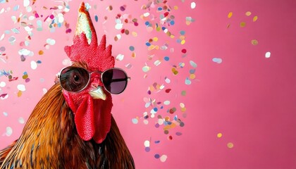 Playful Farmyard Fun &ndash; Rooster in Party Hat and Sunglasses with Flying Confetti