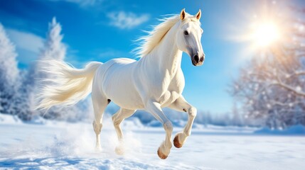 Fototapeta premium Majestic White Horse Running in Winter - A beautiful white horse gallops across a snow-covered field under a bright winter sun. Pure elegance and freedom