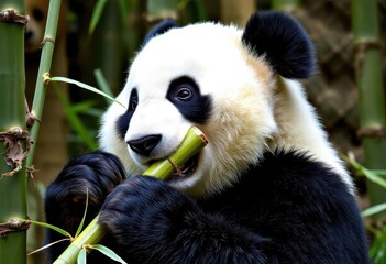 Obraz premium Giant panda meticulously consuming bamboo stalks, bamboo, conservation