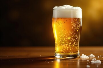 Golden beer overflows glass, thick white head , golden, drink
