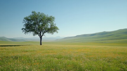 Fototapeta premium Serene Landscape with a Lonely Tree Under Clear Blue Sky in a Vibrant Green Meadow