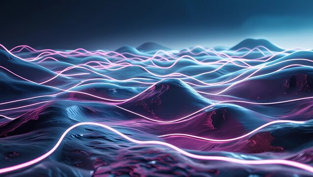 Futuristic waves of neon light creating an abstract landscape, representing the flow of data and innovation in cloud technology. Ideal for tech branding and software promotion
