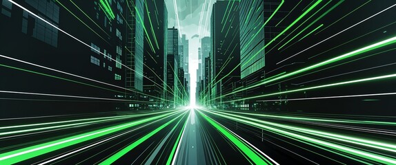 dark urban city background with green streaks light rays motion and energy concept digital abstract artwork