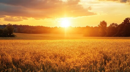 Obraz premium Golden Sunrise Over Expansive Wheat Field with Warm Hues and Beautiful Nature Scenery