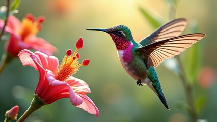 Fototapeta premium Iridescent hummingbird feeding on vibrant pink flower in sunlit garden
