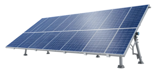 A high-quality image of a modern solar panel setup. The solar panel consists of multiple blue photovoltaic cells arranged in a grid pattern with a reflective surface. 