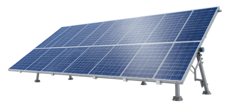 A high-quality image of a modern solar panel setup. The solar panel consists of multiple blue photovoltaic cells arranged in a grid pattern with a reflective surface. 