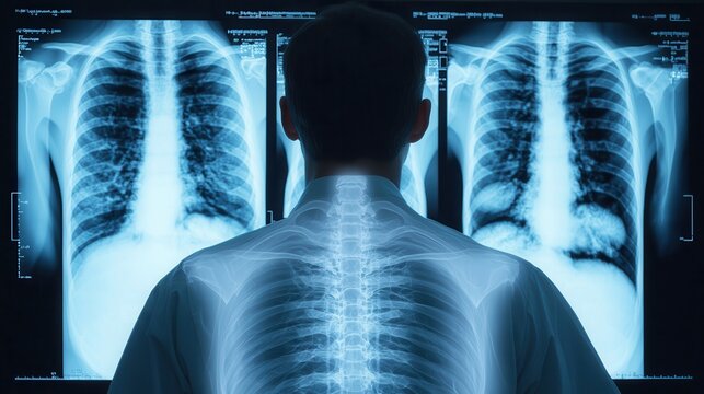A medical professional examines X-ray images of lungs, highlighting the importance of diagnostics in healthcare.