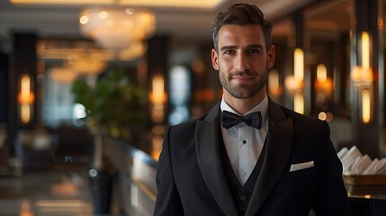 Fototapeta premium Elegant Young Man in Formal Attire Posing Confidently in a Luxurious Hotel Interior with Soft Lighting