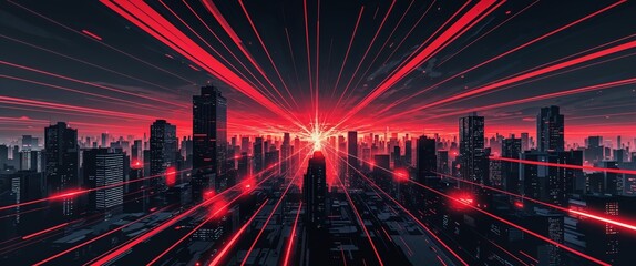Obraz premium dark urban city background with red streaks light rays motion and energy concept digital abstract artwork