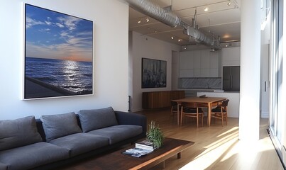Naklejka premium Modern loft apartment with sunset artwork, open kitchen, and hardwood floors
