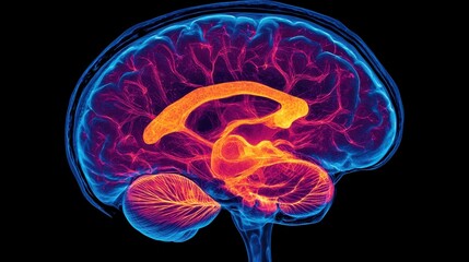 A vibrant, colorful visualization of a human brain, showcasing intricate structures and neural pathways in bright hues.