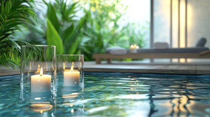 Tranquil spa pool candles, lush garden background; relaxation, wellness