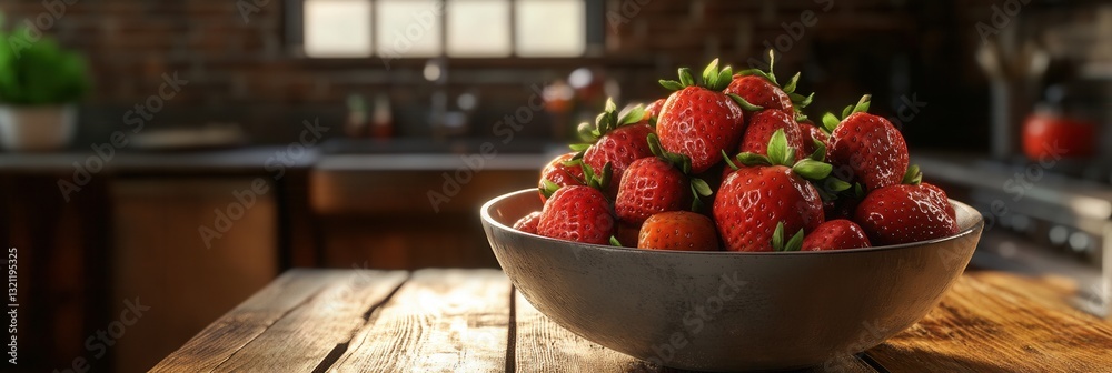 Poster fresh strawberries arranged in a bowl on a rustic wooden table in a warm kitchen setting