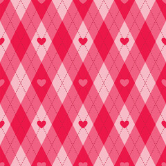 Seamless argyle pattern with hearts in pink and red colours. Vector Valentine's Day background. Editable geometric background.