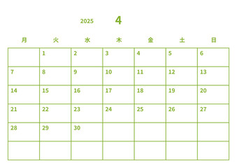 2025年(令和7年) シンプルなカレンダー 4月, ベクター, テンプレート, 月曜始まり, 黄緑