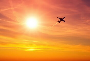 Obraz premium Sunrise paints the sky as an airplane ascends, leaving a vapor trail, morning, journey