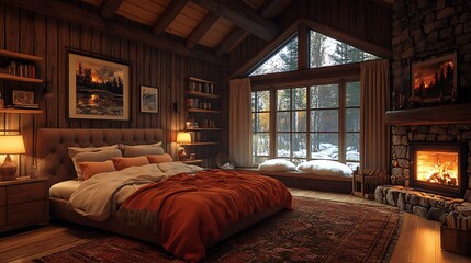 Beautiful wooden cabin bedroom with soft lighting high resolution photo