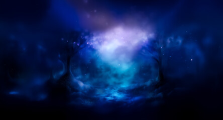 Fototapeta premium A dark and nebulous abstract scene featuring swirling blues and purples. The image evokes a sense of mystery and depth, like looking into the cosmos.