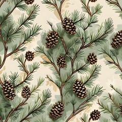Fototapeta premium Seamless pattern with pine branches and cones. Hand drawn vector illustration Generative AI