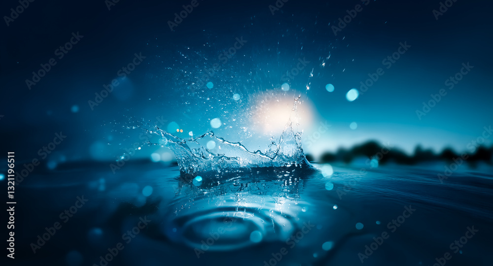 Poster water drop impact creates splash and ripples on dark blue surface. a captivating moment captured in 