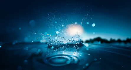 Obraz premium Water drop impact creates splash and ripples on dark blue surface. A captivating moment captured in motion with bokeh lights in background.