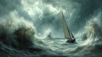 Sailboat Navigating Stormy Ocean Waves Under Dramatic Skies Artistic Rendering