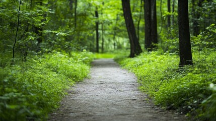Fototapeta premium Serene Forest Path - A tranquil pathway winds through a lush green forest, sunlight dappling through the leaves. Perfect for nature, tranquility, and peaceful themes