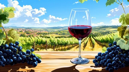 Naklejka premium A Glass of Red Wine Amidst Rolling Vineyards Under a Sunny Sky