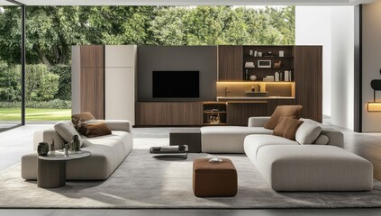 Modern modular sectional sofa in open-plan living area with built-in kitchen