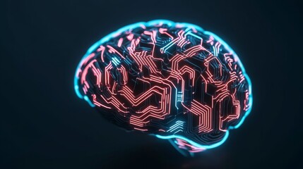 Futuristic cybernetic brain with neon circuitry, deep learning and neural network concept