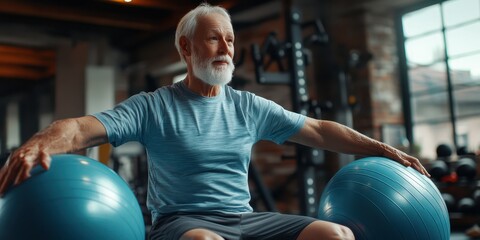 Senior man exercises with stability balls in modern gym during afternoon workout session
