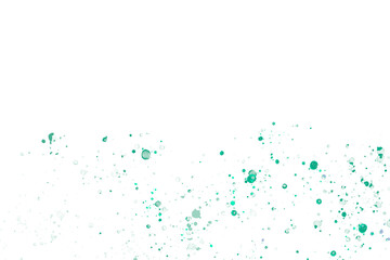 Artistic illustration of turquoise splashes and drops on a white backdrop