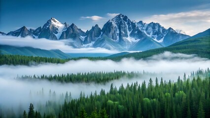 A breathtaking panoramic view of a misty mountain landscape with dense green forests, blue sky, and snow-capped peaks, peaceful nature scene.