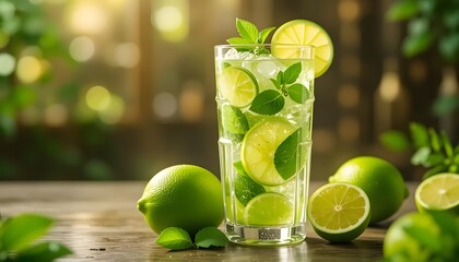 A Refreshing Lime Mojito Cocktail, Perfect For A Hot Summer Day, Sits On A Wooden Table Surrounded By Juicy Limes And Vibrant Mint, Bathed In Warm Sunlight