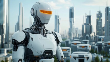 Fototapeta premium Sci-fi city with advanced robotic citizens, AI-driven metropolis, hyper-realistic futuristic landscape