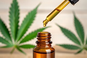 A dropper dripping CBD oil into an amber glass bottle with green cannabis leaves in the background, representing natural wellness and health.