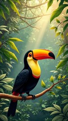 Vibrant toucan perched in sunlit tropical forest