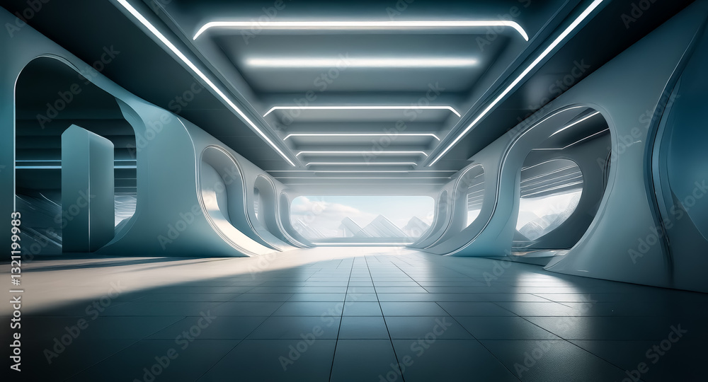 Poster futuristic hall with illuminated ceiling and arched openings. a bright, clean, and modern interior w