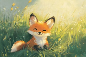 Obraz premium playful cartoon fox cub having fun in the sunny forest, Generative AI.