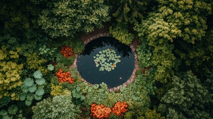 Aerial view of circular pond in lush garden
